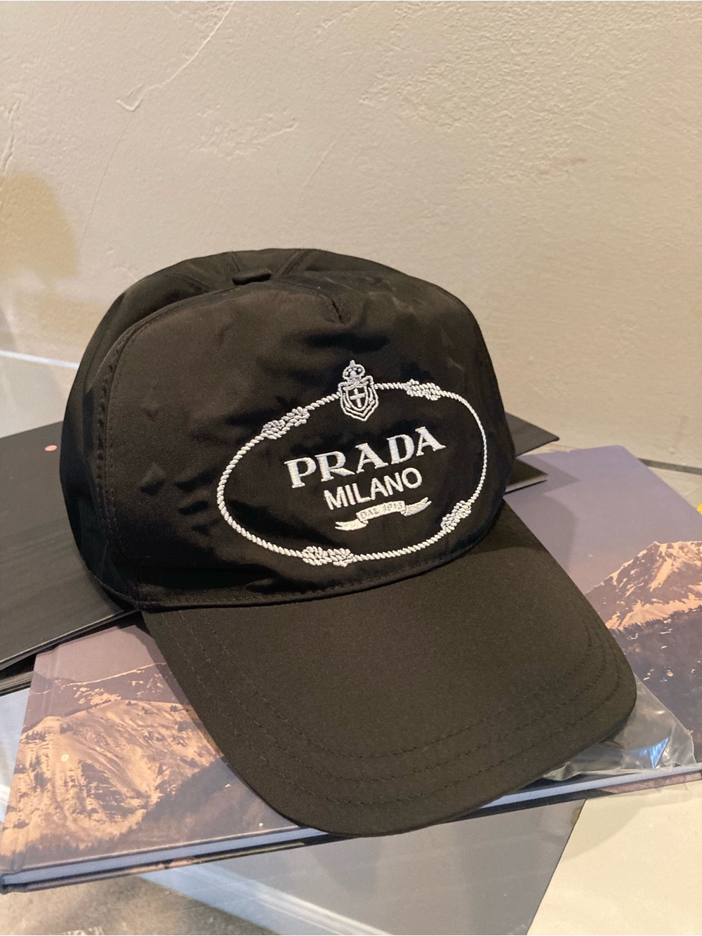 Prada Black Embroidered Logo Cap